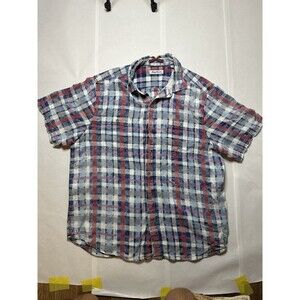 Tommy Bahama Mens Silk Button Down Shirt Large Blue Plaid Print
